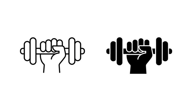Black and white illustration of a hand holding dumbbells