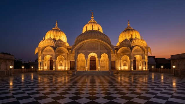 ISKCON Temple Vrindavan Blue Hour &ndash; Illuminated Marble Temple Courtyard