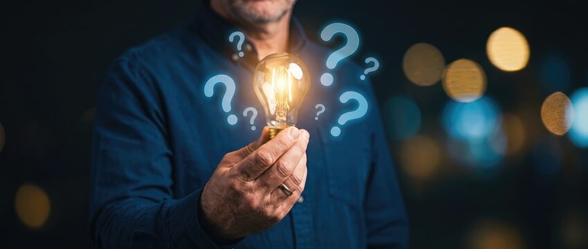 A man grasping a radiant light bulb encircled by question marks representing curiosity innovation and the quest for answers in today's fast paced world.