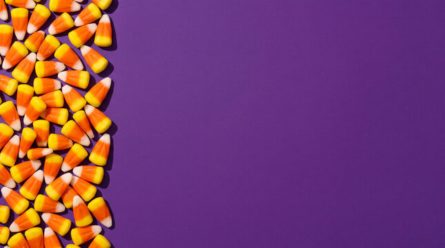 Halloween flat lay composition featuring a border of sweet candy corn on a solid purple background with empty copy space.