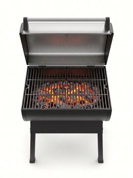 Charcoal grill with glowing hot embers and heavy duty cast iron grate isolated on white background