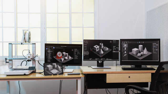 Modern engineering workspace with a 3d printer and multiple monitors 3d modeling software on a desk in a bright office