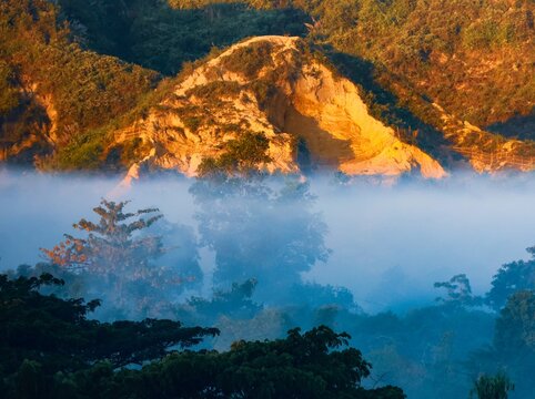 View of the sunlit hills of Nhila in Teknaf, partially obscured by a thick layer of morning mist over the dense forest canopy in Cox's Bazar, Chittagong Division, Bangladesh.