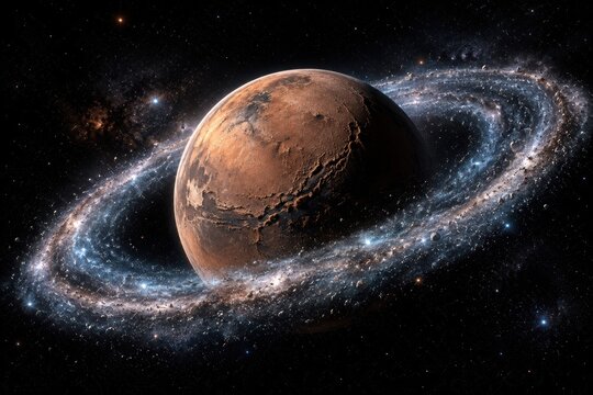 Ringed exoplanet featuring a detailed surface orbits within a bright luminous starry ring system in deep space.