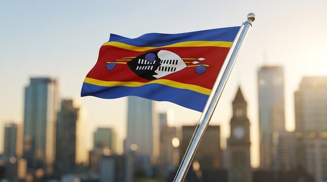 National flag of Eswatini waving on metal pole with blurred urban cityscape background during sunset