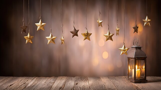 A cozy scene featuring hanging golden stars against a warm, blurred background with a lantern casting soft light, Ideal for holiday decorations, invitations, or warm atmosphere creations,