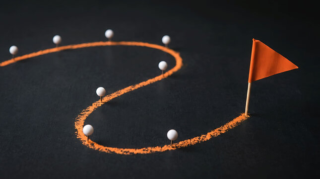 Curved path route with white pins leading to orange goal flag success