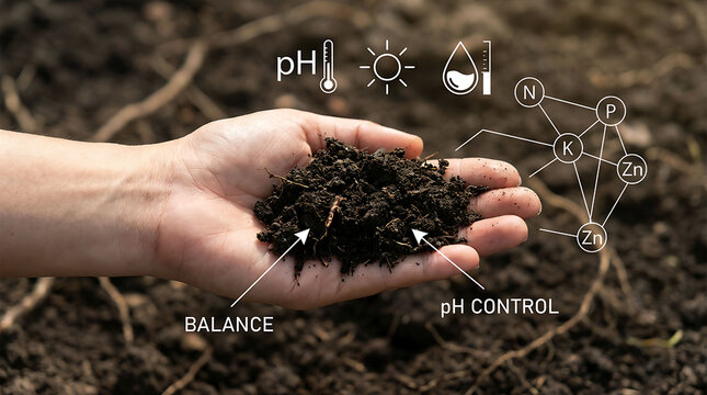 Farmer holding rich soil analyzing npk nutrients ph level balance