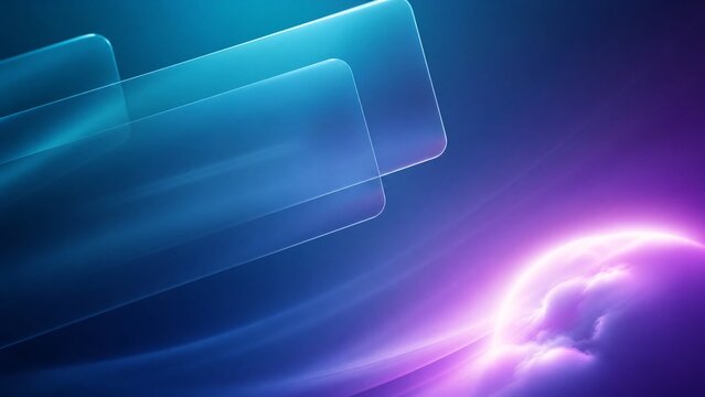Futuristic glass podium on neon blue background, glowing crystal stage for product display, abstract digital tech backdrop with light trails