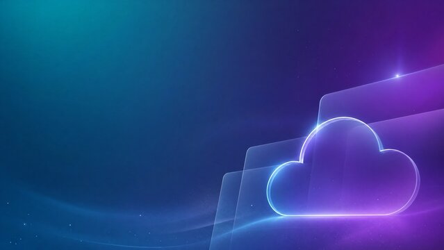 Futuristic glass card on digital background, glowing neon interface element, blue and purple gradient tech backdrop with copy space