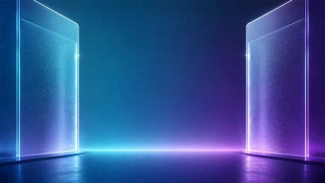 Futuristic neon stage with glowing glass panels. Abstract sci-fi background with blue and purple light. Modern digital podium for product display.