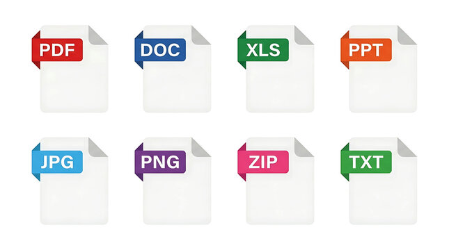 Document File Type Format Icons Set PDF DOC XLS PPT JPG PNG ZIP TXT