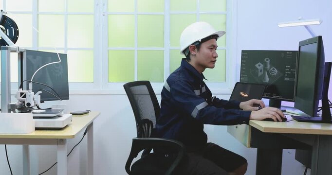An engineer in a hard hat uses a tablet at a desk with computer monitors in a modern office, a technical workspace and digital design review.