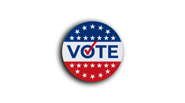 Vote button with us flag design and checkmark, isolated on transparent background