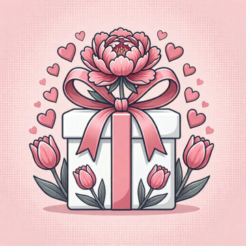 Gift box decorated with pink flowers and hearts on pastel background  