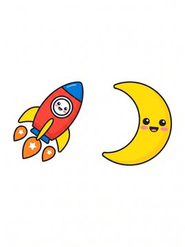 Cute cartoon rocket ship flying towards a happy crescent moon character isolated on white background, Vector, illustration