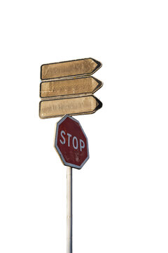Blank directional road signs and STOP sign isolated on transparent background, customizable template mockup with copy space