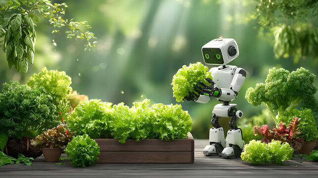 Small robot tending to lush garden filled with various types of lettuce, showcasing blend