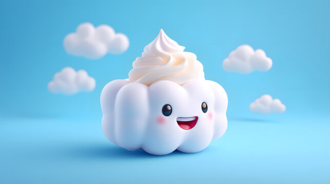 Cute cloud character with ice cream swirl on top, smiling against blue background