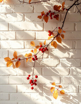 White brick wall branches yellow leaves red berries autumn sunlight shadows aesthetic minimalism rustic decor nature seasonal background