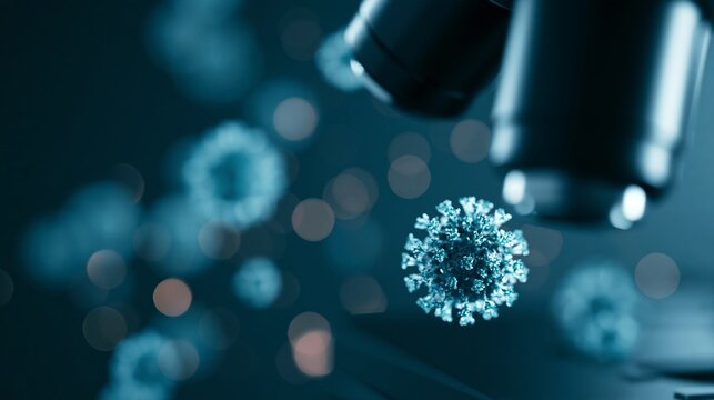 Microscope examining virus particles close-up