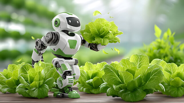 Friendly robot tending to fresh lettuce vibrant garden, showcasing technology and nature harmony