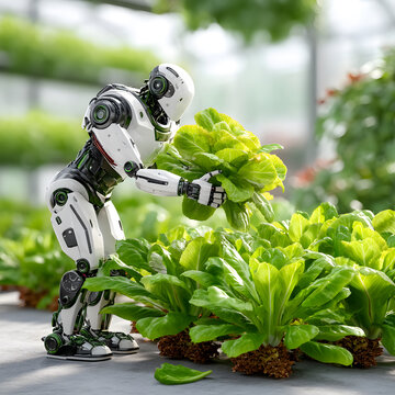 Futuristic robot tending to vibrant green lettuce plants greenhouse, showcasing advanced