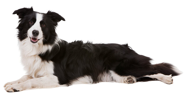 Black and white Border Collie dog lying down, alert expression