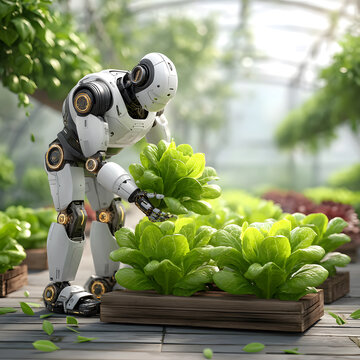 Humanoid robot tending to vibrant green lettuce plants greenhouse, showcasing advanced