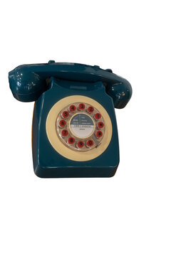 Vintage teal blue rotary dial telephone, isolated on transparent background