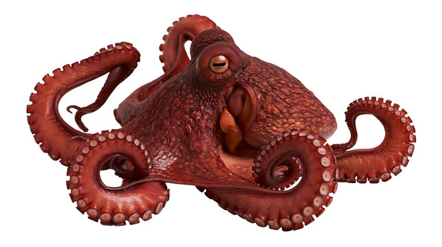 Red octopus with curled tentacles and suckers