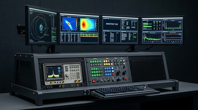 Advanced command center console with multiple monitors and control panels.