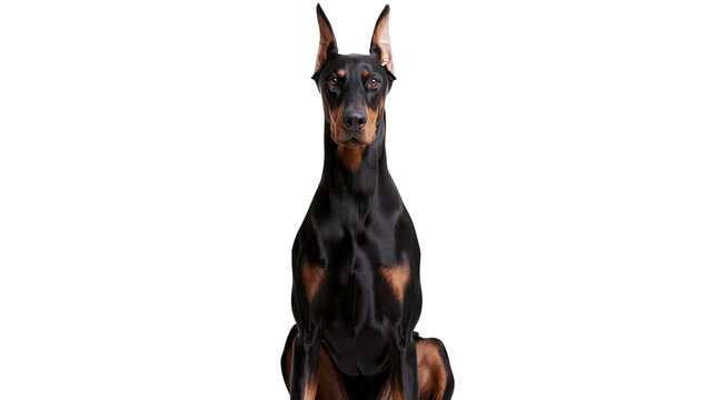 Doberman Pinscher dog sitting black and tan coat, alert expression