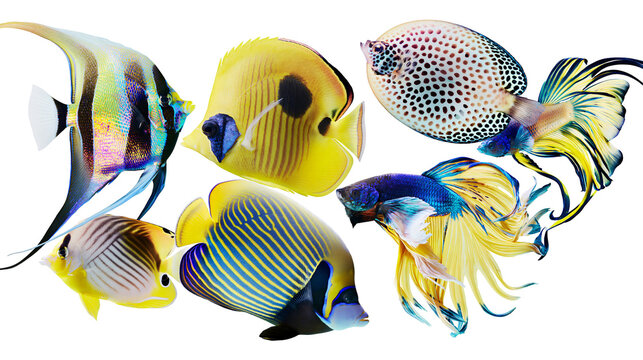 Assortment of colorful tropical fish including angelfish butterflyfish, and betta