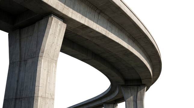Curved concrete overpass highway infrastructure isolated against plain white background for modern