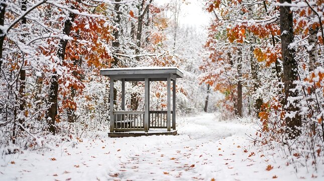 Snow-covered wooden gazebo in a serene winter forest with autumn leaves