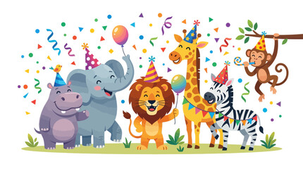 Fototapeta premium Cute Safari Animals Celebrating Birthday Party with Balloons and Confetti