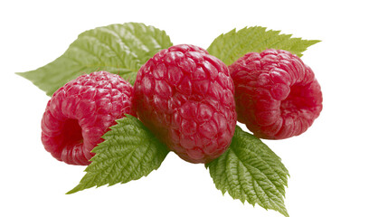 Three ripe raspberries with green leaves © Clementine