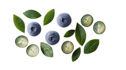 Whole and halved blueberries with green leaves © Clementine