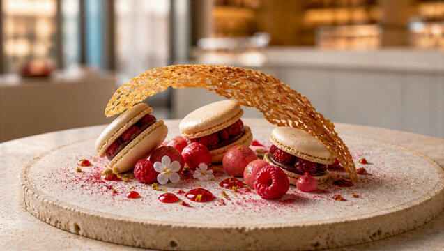Macaron Framboise Fourr&eacute; &agrave; la Ganache Chocolat et Cr&egrave;me Vanille en Pr&eacute;sentation Gastronomique