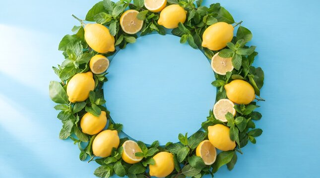 Fresh lemons and mint leaves arranged in a circular wreath on blue background