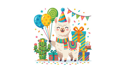 Naklejka premium Cute Alpaca Character Celebrating Birthday with Colorful Balloons and Gifts