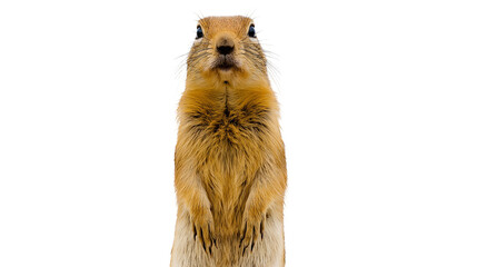 Prairie dog standing upright looking forward fluffy fur, white © Clementine