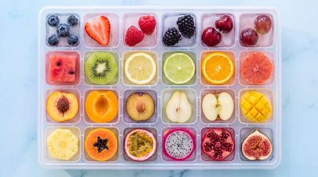 A colorful assortment of clear ice pieces with fruit inside is arranged in a tray with a neat grid layout for food presentation.