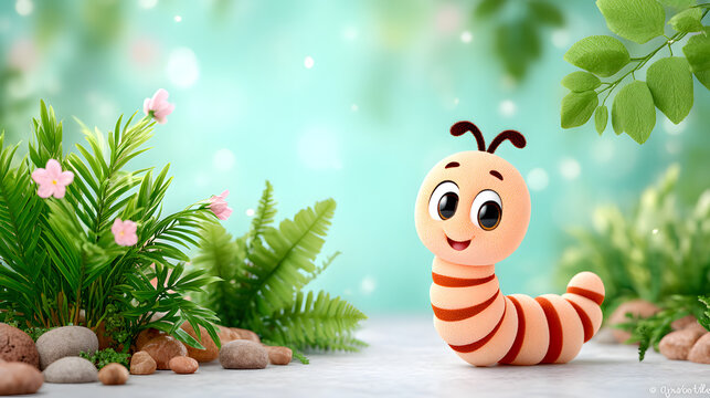 Cute cartoon worm character in vibrant garden setting with plants and stones
