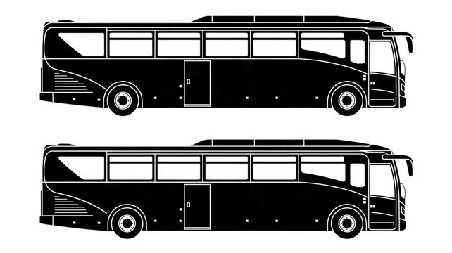 Side view illustration of two modern passenger coach buses in black and white silhouette profile style