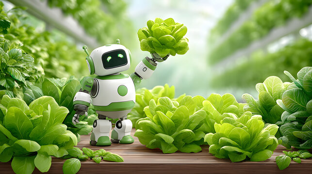 Cheerful robot holds fresh lettuce in vibrant greenhouse filled with greenery