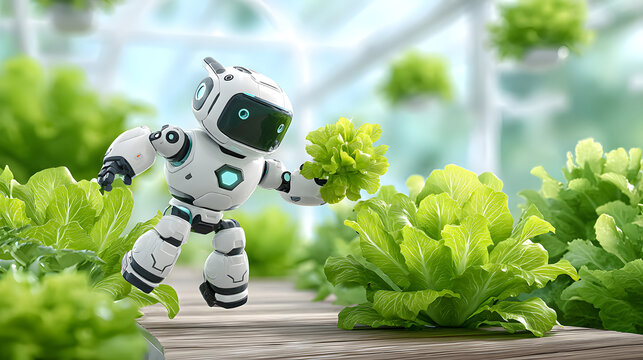 Small robot tending to fresh lettuce in greenhouse, showcasing technology and nature harmony