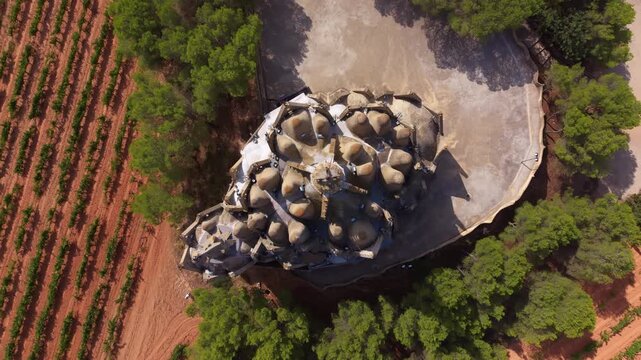 Overhead view of the Santuari de la Mare de Deu de Montferri near Tarragona, revealing radial cone-shaped ceramic-tiled towers of Catalan Modernisme architecture amid pine forest and vineyard rows