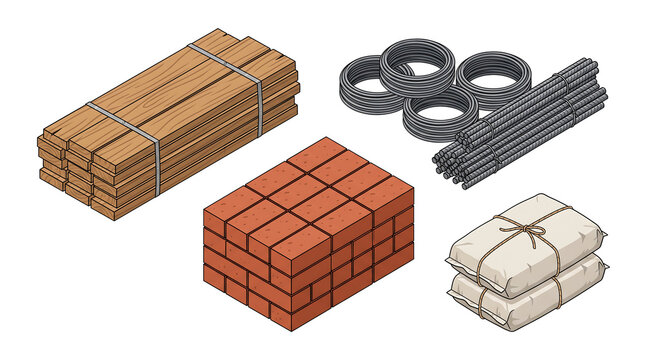 Isometric construction supplies including timber and bricks, Civil engineering presentation demonstration materials